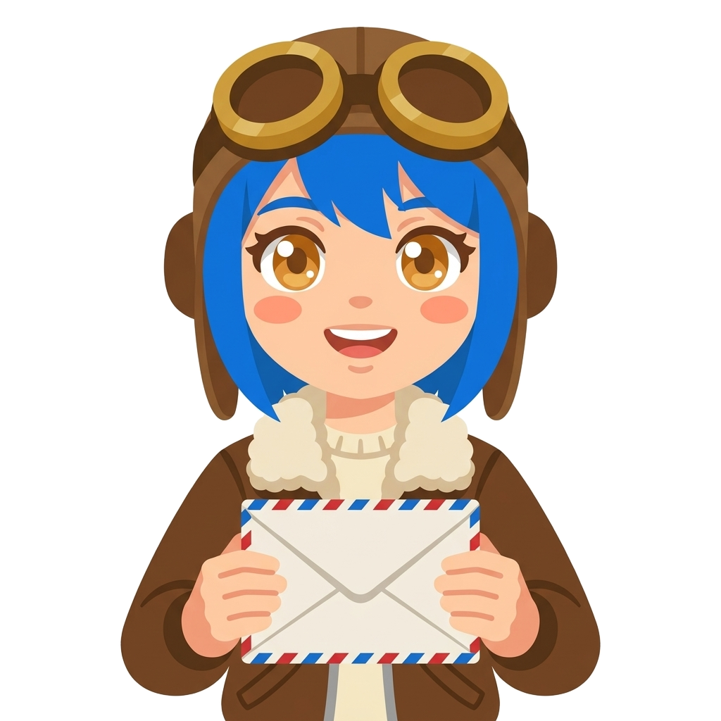 Airletter’s blue-haired aviator mascot holding a letter